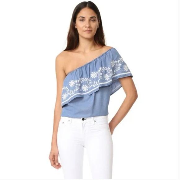 NEW Rebecca Minkoff One Shoulder Embroidered Blue Chambray Top Boho Tencel - Picture 1 of 10